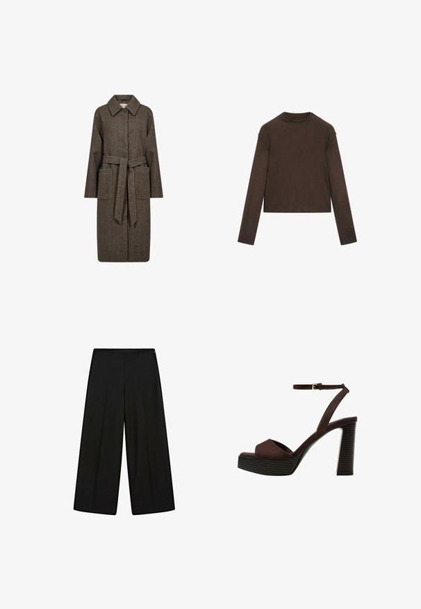 Soyaconcept SHAKIRA - Trench - hot fudge combi; Maglione a maniche lunghe color marrone scuro con scollo rotondo, leggermente corto e dal design semplice e senza cuciture.; Pantaloni neri a gamba larga realizzati in tessuto morbido, con vita alta e pieghe, caratterizzati da una texture liscia e senza decorazioni visibili.; Sandal in camoscio marrone con tacco alto, punta aperta, cinturino alla caviglia regolabile e suola a piattaforma striata.