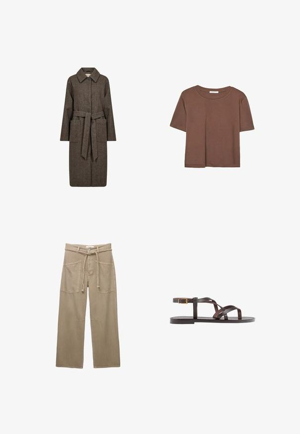 Soyaconcept SHAKIRA - Trenchcoat - hot fudge combi; Braunes, kurzärmliges T-Shirt aus weichem Material mit rundem Halsausschnitt und lockerer Passform. Keine sichtbaren Muster oder Akzente.; Beige weite Hosen aus robustem Stoff, mit großen Fronttaschen, einem geflochtenen Gürtel und dezenten Nahtdetails.; Braune Leder-Sandale mit überkreuzten Riemen, einem Knöchelriemen mit Schnalle und einer flachen Sohle mit minimalen Nähdetails.