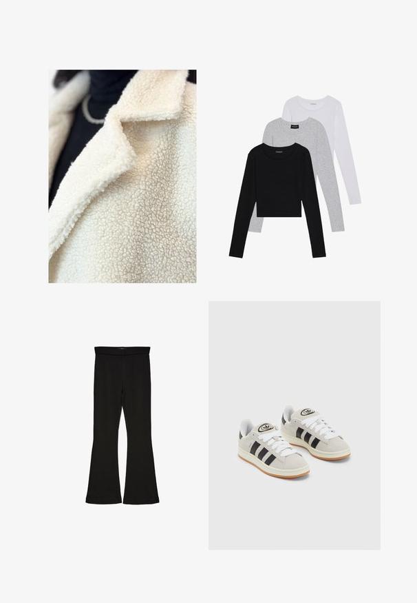 Krämfärgad faux shearling-kapp med notched krage, med en mjuk, texturerad yta och minimala sömdetaljer, lagrad över en svart topp.; Tre långärmade tröjor staplade: svart, grå och vit. Var och en har en rund halsringning och en kort design med mjukt, lätt material.; Svarta flare leggings tillverkade av elastisk tyg. Har en bred midja och en slät yta, med en åtsittande silhuett som flares vid fållen.; Grå mocka sneakers med vita snören, svarta ränder och en vit gummisula. Har en rund logo på tungan och en gummisula.