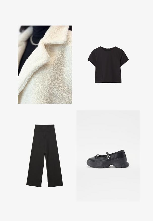 Cremefarvet falsk shearling-frakke med klapkrave, der har en blød, struktureret overflade og minimal syning, lagd over en sort bluse.; Sort kortærmet crop top lavet af blødt stof, med rund halsudskæring og en afslappet pasform med en ren nederste kant.; Sorte brede bukser med høj elastisk talje, blødt stof og løs pasform, velegnede til afslappet tøj eller uformelle anledninger.; Sorte læder Mary Jane-sko med rund tå, sløjfedetalje og justerbar ankelrem. Har en robust gummisål med buede accenter.