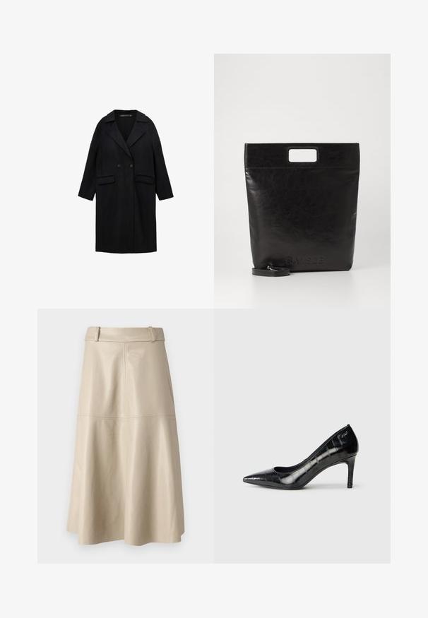 Cappotto in misto lana nero con colletto a punte, chiusura a doppio bottone, due tasche anteriori e maniche a tre quarti.; Maglione nero con collo alto, caratterizzato da un cuore rosso e la parola "FUTURE" in maglia bianca sul lato sinistro. Texture liscia.; Gonna midi in pelle beige con una texture liscia, vita ampia e orlo svasato; presenta cuciture per un dettaglio aggiuntivo.; Décolleté nere con punta affusolata, finitura lucida e un sottile motivo testurizzato. Presentano un tacco moderato e un design con apertura sulla parte superiore.; Borsa tote in pelle nera con manico quadrato, caratterizzata da una finitura testurizzata e logo impresso. Include una tracolla rimovibile.