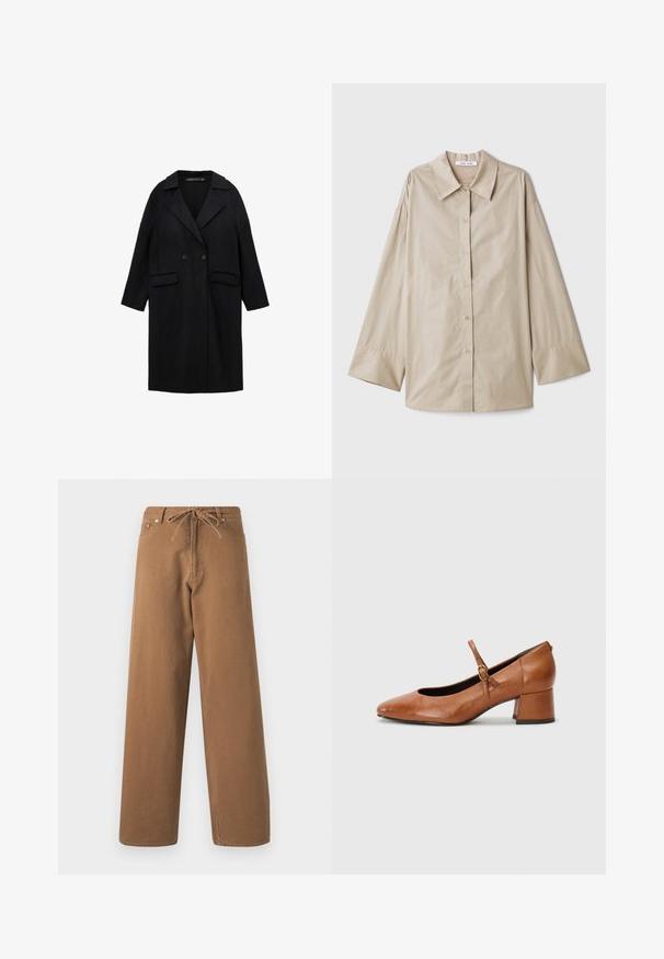 Palton din amestec de lână neagră, cu guler decupat, închidere cu două butoane, două buzunare frontale și mâneci de lungime trei sferturi.; Cămașă bej cu mânecă lungă, cu un colier mare, ascuțit, cu închidere cu butoane la față și mansete late. Confecționată dintr-un material neted și ușor.; Pantaloni largi maro din bumbac, cu un brâu cu șnur și două buzunare frontale. Material texturat cu un finisaj neted.; Tamaris Pantofi clasici cu toc - cognac