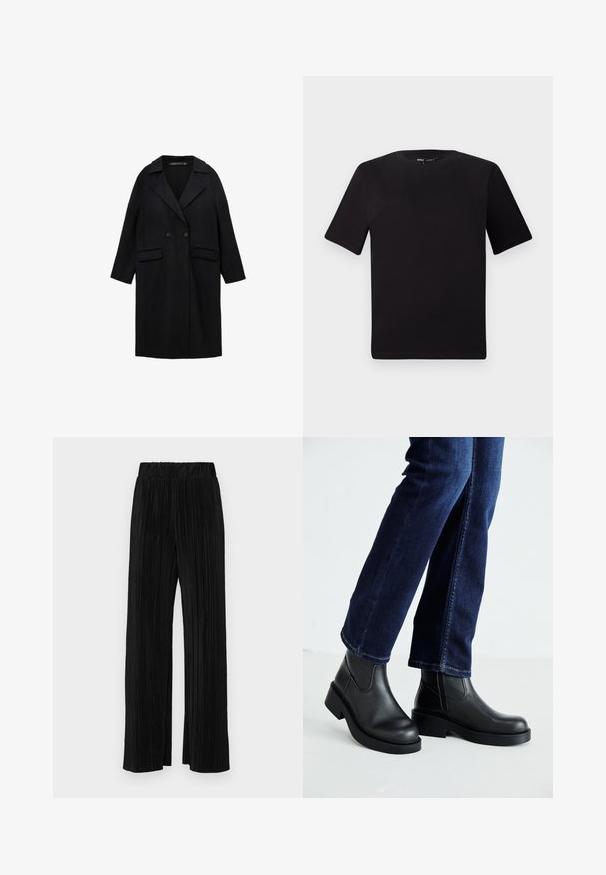 Mustast villasegust kinnas, millel on sakiline krae, topelt nööbid, kaks esist pocketit ja kolmveerand pikkusega varrukad.; Must olema lühikeste varrukatega must t-särk ümmarguse kaelusega, valmistatud pehmest puuvillast kangast. Lihtne disain, ilma nähtavate logode või mustriteta.; Mustad pleekitud püksid elastse vöökohtaga. Omavad laiad jalad ja sujuvat, tekstureeritud kangast vertikaalsete triipudega.; Mustad mustad nahast sääre kõrgused saabastega, millel on paks tald ja küljel elastsed paneelid, kombineeritud tumedate siniste teksadega. Maapind on heledat värvi.