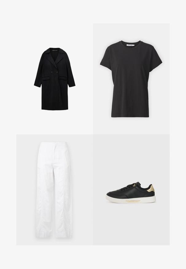 Casaco preto em mistura de lã com colarinho corte a direito, fecho de botão duplo, dois bolsos frontais e mangas até ao cotovelo.; T-shirt de algodão preta com decote redondo clássico, mangas curtas e um corte descontraído. Textura suave, sem padrões ou detalhes visíveis.; Calças brancas de perna larga feitas de um tecido leve, com uma textura suave, linhas limpas e um design de cintura alta.; Sapatilha preta em couro com textura suave, sola de borracha branca, detalhes em dourado no calcanhar e nos ilhós, apresentando um logotipo na lateral.