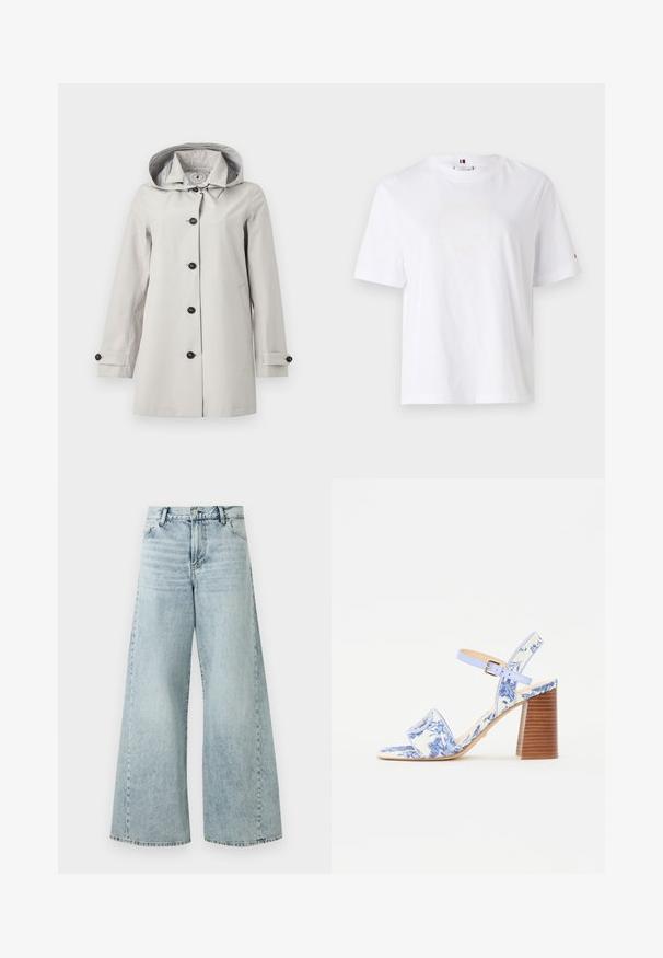 Vaaleanharmaa sadetakki hupulla, jossa on mustat nappikiinnitys, kaksi etutaskua ja kuvioitu vuori, joka näkyy hupun sisällä.; Valkoinen puuvillapaita, jossa on pyöreä kaula-aukko, lyhyet hihat ja huomaamaton keltainen logomuotoilu, jossa lukee "HILFIGER NEW YORK 1985." Normaali istuvuus.; Vaaleansinisiä farkkuja, joissa on leveä lahje ja korkeampi vyötärö. Farkuissa on nappisuljenta, viisi taskua sekä risat helma-yksityiskohdat.; Sininen kukallinen sandaali, jossa on neliön muotoinen kärki, leveä hihna ja säädettävä nilkkahihna, jossa on teksturoitu puukorko.