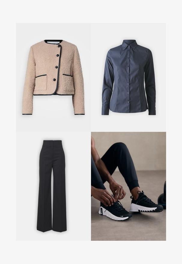 Malina NYLAH BLEND JACKET - Light jacket - beige; Navy blue long-sleeve shirt with button-up front, pointed collar, and a tailored fit. Made of smooth, lightweight fabric.; Wide-leg trousers in black fabric with a high waistband, featuring a clean finish and smooth texture. No visible hardware or patterns.; Black athletic shoes with a textured black upper, white sole, and rubber tread. Laces are tied, showing a sleek design and logo.
