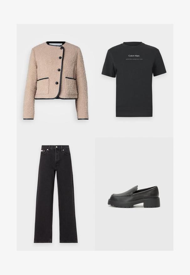 Malina NYLAH BLEND JACKET - Kerge jope - beige; Must musta T-särk, millel on ümmargune kaelus, lühikesed varrukad ja valge trükitud "Calvin Klein" logo ning tekst "Asutatud 1968".; Mustad laiad mustad teksad, millel on kõrge vöökoht, viie tasku stiil ja metallist nööpkinnitus kontrastsete õmblustega.; Mustad nahast loafers ümarate varvastega, paksu tekstuuriga tald ja minimaalsete õmbluse detailidega. Viimistletud disain, kus pole nähtavaid paelu ega riistu.