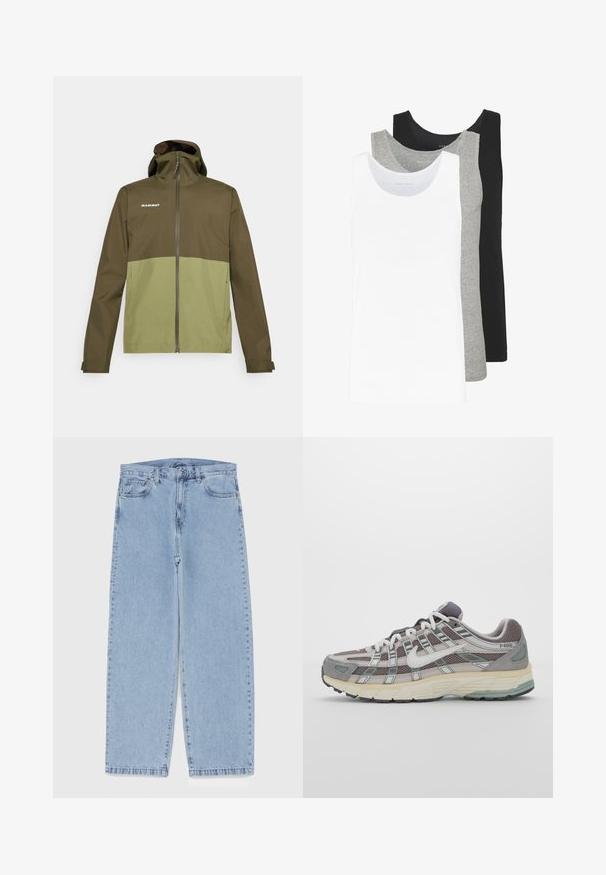 Veste bicolore vert olive et vert clair avec zip sur le devant, capuche ajustable et logo sur la poitrine gauche. Matériau lisse et résistant à l'eau.; Trois débardeurs en blanc, gris et noir. Chacun présente un design classique sans manches, fabriqué en coton léger avec une texture côtelée.; Jean en denim bleu clair avec une coupe droite, présentant une taille mi-haute, cinq poches, et une fermeture à bouton et à fermeture éclair.; Chaussure de sport grise avec une tige en mesh et en daim, accents blancs, semelle rembourrée et un design distinctif avec des éléments réfléchissants.