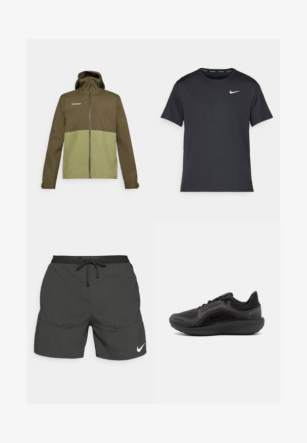 Veste bicolore vert olive et vert clair avec zip sur le devant, capuche ajustable et logo sur la poitrine gauche. Matériau lisse et résistant à l'eau.; T-shirt de course noir Nike en matériau léger et respirant, avec des manches courtes et un petit logo blanc sur la poitrine.; Shorts de course noirs avec une taille élastique, un cordon de serrage, des poches latérales et un logo Nike blanc sur la jambe inférieure gauche.; Chaussure de sport noire avec un dessus en tissu matelassé texturé, au design épuré, et semelle en caoutchouc noir. Présente un logo visible et une marque Gore-Tex.