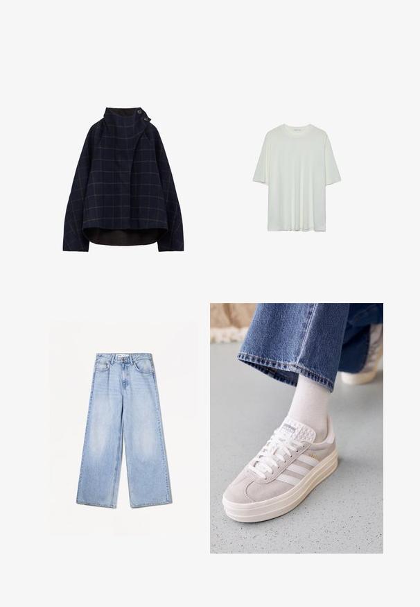 Granatowa kurtka z mieszanki wełny z wzorem kraty, wysoki kołnierz, akcenty guzikowe oraz krótkie, luźne dopasowanie. Miękka tekstura, współczesny design.; Biała koszulka z krótkim rękawem, okrągły dekolt, miękka tkanina bawełniana, luźny krój, bezszwowy dół, minimalistyczny design bez zdobień.; Bershka WIDE jasnoniebieski denim; Białe i jasnoszare sneakersy Adidas Gazelle z zamszowej cholewki, teksturowanym językiem, trzema białymi paskami i grubą, białą gumową podeszwą.