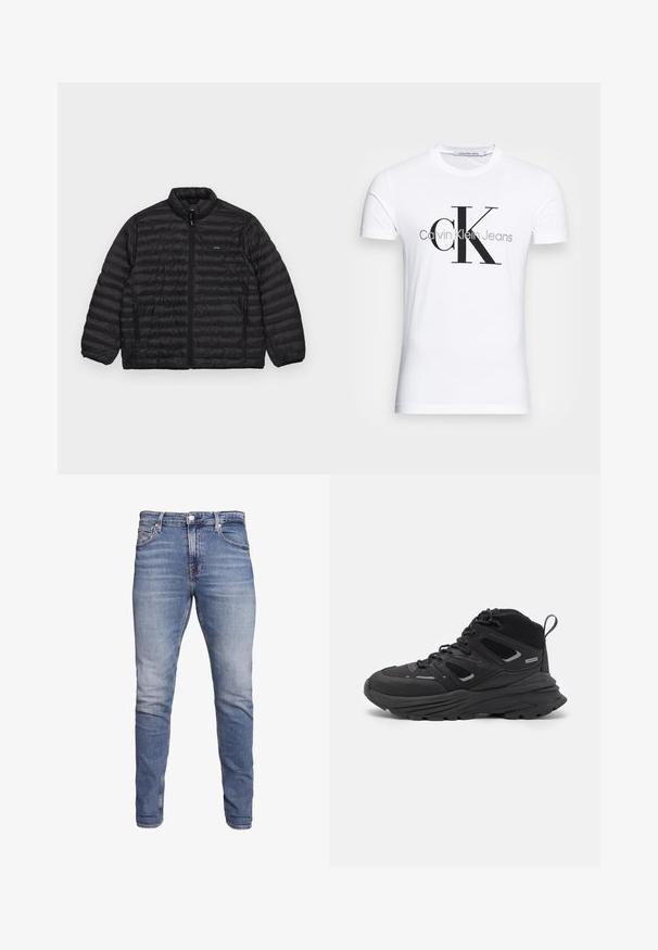 Calvin Klein QUILT JACKET - Viegla jaka - black; Baltas kokvilnas T-krekls ar melnu "CK" logo un tekstu "Calvin Klein Jeans", īsām piedurknēm un klasisku apaļu kakla izgriezumu.; Zili denimi džinsi ar šauru piegriezumu, vidējas augstuma jostasvietu, piecu kabatu dizainu, izbalinātu mazgāšanu un vieglu nodilumu priekšpusē un aizmugurē.; Melnas pārgājienu kurpes ar slāņotu dizainu, teksturētu audumu un gumijas zoli, ar nostiprinātām vietām un auklām priekšā.