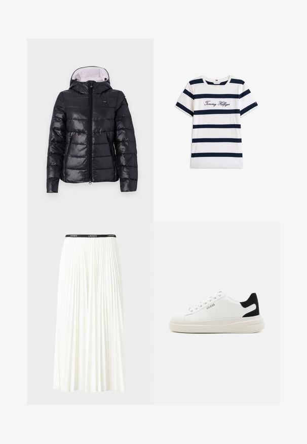 Juodas pamuštas džemperis su blizgiu paviršiumi, užtrauktuko uždarymu, nuimamu kapišonu ir dviem šoninėmis kišenėmis. Iš vidaus pamuštas šviesios spalvos medžiaga.; Baltos medvilninės marškinėliai su horizontaliomis tamsiai mėlynomis juostelėmis. Ant krūtinės išsiuvinėtas „Tommy Hilfiger“ rašmuo. Apvalus iškirpimas.; Pleated balta sijonas su juodu elastiniu juosmeniu, ant kurio yra "LACOSTE" logotipas. Vidutinio ilgio dizainas su švelnia tekstūra.; Baltos odinės sportbačiai su storu baltu padu, juodu nubuko kulno akcentu ir iškilmingu logotipu šone. Su raišteliais, turinčiais šešis akinius.