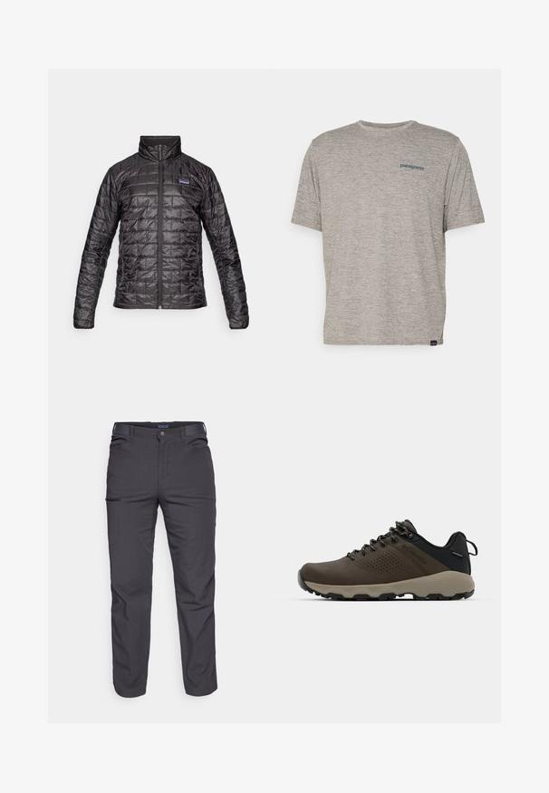 Svart isolert jakke med quiltet mønster, høy krage og glidelås foran. Har en logo på venstre bryst og lange ermer.; Grå kortermet t-skjorte laget av mykt, teksturert stoff med en liten blå Patagonia-logo på venstre bryst. Ingen ekstra mønstre.; Mørkegrå bukser laget av slitesterkt stoff, med glidelåslomme, rett snitt og beltestropper for justerbar passform.; Brune vanntette joggesko med teksturert overdel, perforerte detaljer, svart hæl støtte og en grå gummisåle. Snøring er stilisert med metalliske ender.