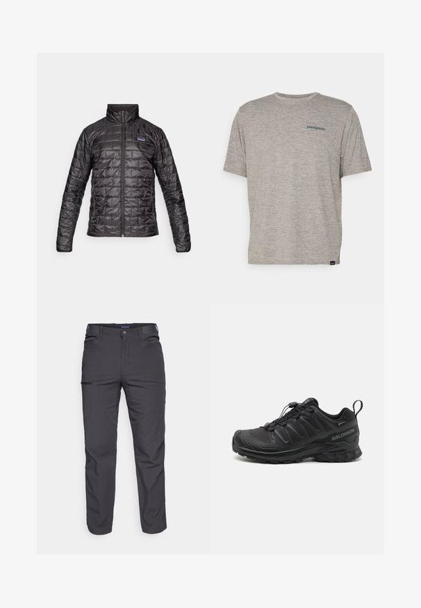 Black insulated jacket with a quilted pattern, high collar, and front zipper. Features a logo on the left chest and long sleeves.; Gray short-sleeve t-shirt made of soft, textured fabric featuring a small blue Patagonia logo on the left chest. No additional patterns.; Dark gray trousers made of durable fabric, featuring a zippered pocket, straight cut, and belt loops for adjustable fit.; Black athletic shoe with a textured synthetic upper, cushioned sole, and a quick-lacing system. Features a reinforced toe and heel.