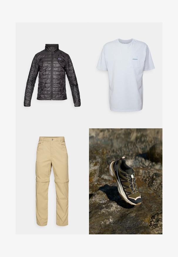 Mustat eristävät takit, joissa on tikattu kuvio, korkea kaulus ja etuvetoketju. Vasemmassa rinnassa logo ja pitkät hihat.; Valkoinen puuvillapaita lyhyillä hihoilla, pyöreällä kaula-aukolla ja vasemmalla rintataskulla, jossa on sininen "Patagonia" -logo. Klassinen istuvuus ja sileä tekstuuri.; Beige-harmaat, joissa on sileä pinta, kaksi sivutaskua, napin suljinta ja käärittävät hihansuut monikäyttöisyyttä varten.; Vaelluskengät oliivinvihreänä ja mustana, pinkeillä yksityiskohdilla. Ominaisuuksiin kuuluu teksturoitu yläosa, joustava pohja, vahvistettu varvasosa ja värikäs nauhoitusjärjestelmä.