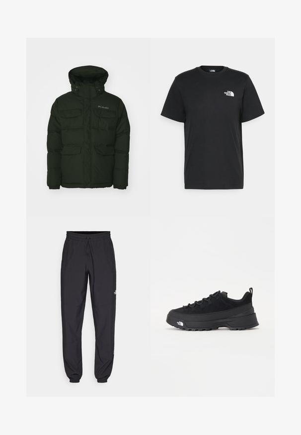 Tume rohelise värvi sulejope kõrge kaelusega, mitme esipocketiga ja elastsete mansettidega. Omab lukku ja nööpe, ning rinnal on logo.; Musthave musta puuvillane T-särk lühikeste varrukatega, ümmargune kaelus ja väike valge logo vasakul rinnal. Lihtne disain, sile tekstuur ja mugav lõige.; Mustavad sportlikud püksid, mis on valmistatud kergest kangast, joonlauaga taljest, küljetaskudega ja kitsenevate varrukatega pahkluude juures.; Must musta jalats, millel on sametised ülemused, tekstuuriga kummist põhi ja vastupidav sidumise süsteem. Omab tugevdust kannaosas ja brändi logo küljes.