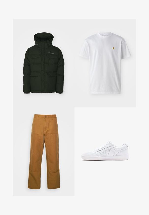 Tmavě zelená péřová bunda s vysokým límcem, několika předními kapsami a elastickými manžetami. Obsahuje zapínání na zip a cvočky a logo na hrudi.; Bílé bavlněné tričko s krátkým rukávem a kulatým výstřihem, s malým zlatým logem na levé straně hrudi. Měkká textura a klasický střih.; Hnědé bavlněné pracovní kalhoty s rovnými nohavicemi, které mají přední kapsy a kovové detaily pro zvýšenou odolnost.; Bílé kožené tenisky s nízkým střihem, kulatou špičkou, perforovanými detaily a texturovanou podešví. Obsahují tkaničky a jemné prošívání.