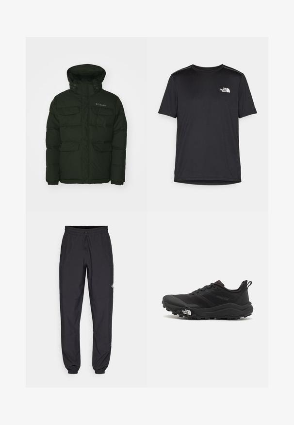 Sötétzöld puffernadrág magas gallérral, több elülső zsebbel és rugalmas mandzsettákkal. Cipzáros és patentos záródással, valamint logóval a mellrészen.; Fekete, rövid ujjú póló, könnyű anyagból készült. Bal mellen egy kis fehér logó található, és finom vállrész kiemelések.; Fekete sportnadrág, könnyű anyagból készült, húzózsinóros derékkal, oldalsó zsebekkel és szűkített szárakkal a bokáknál.; Fekete terepfutó cipő, textúrált felső résszel, gumitalppal és megerősített lábujjrészével. Párnázott bokarésszel és húzófüllel rendelkezik a könnyű felhúzáshoz.