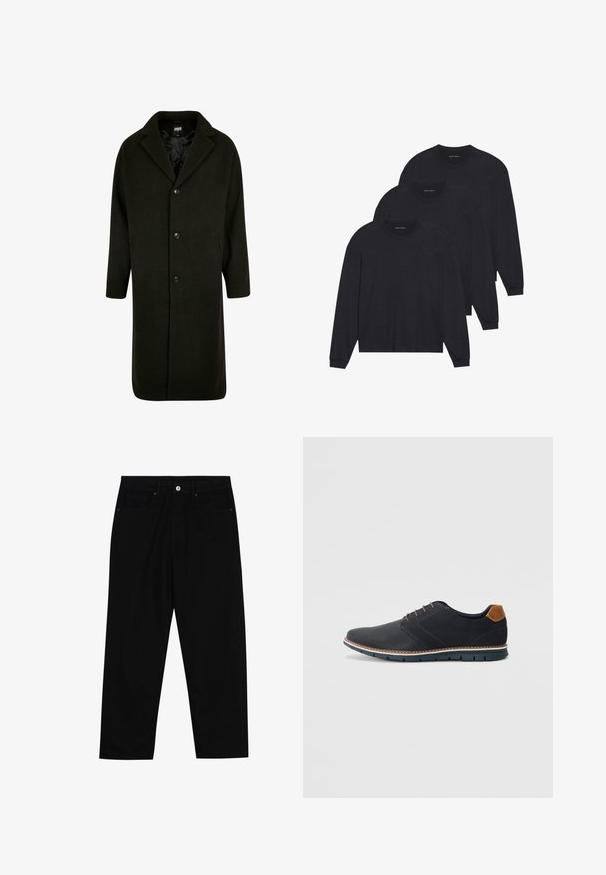 Tumši zaļš mētelis, izgatavots no bieza auduma, ar iedurtu apkakli, četriem priekšējiem pogām un sānu kabatām. Vidēja garuma ar taisnu griezumu.; Trīs melni garām piedurknēm krekli, izgatavoti no mīksta auduma, ar apaļām kakla izgriezumiem un pieguļošām piedurknēm. Minimalistisks dizains bez redzamām apdrukām.; Melni džinsi ar taisnu kāju griezumu, piecu kabatu dizainu un priekšēju pogu aizdari. Gluda tekstūra ar minimālu šuvju detaļu skaitu.; Melni sintētiskie apavi ar struktūru augšdaļā, gludu akcentu, brūnu papēdi un kontrastējošu zoli. Iezīmē minimālu šņorēšanu un šuvju detaļas.