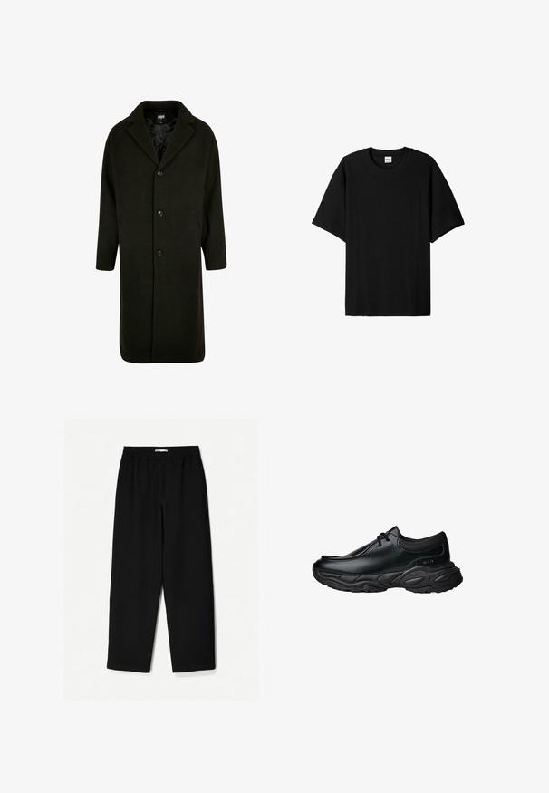 Tmavozelený kabát vyrobený z hrubej tkaniny, s klopovým golierom, štyrmi prednými gombíkmi a bočnými vreckami. Strednej dĺžky s rovnými líniami.; Čierne ryhované tričko s krátkym rukávom a okrúhlym výstrihom, ponúkajúce voľný strih a textúrovaný povrch. Jednoduchý dizajn; bez grafiky alebo akcentov.; Čierne nohavice s širokými nohavicami vyrobené z ľahkej tkaniny. Majú elasticitu v páse a hladký povrch. Bez viditeľných vzorov alebo kovania.; Čierne kožené slip-on topánky s okrúhlou špičkou a hrubou štruktúrovanou gumovou podrážkou. Obsahujú jemné prešitie a elastické akcenty v oblasti goliera.