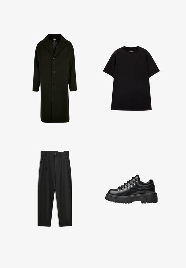 Dunkelgrüner Mantel aus dickem Stoff, mit einem geknöpften Kragen, vier Frontalknöpfen und seitlichen Taschen. Mittellang mit geradem Schnitt.; PULL&BEAR JOIN LIFE - T-Shirt basic - black; Schwarze Baumwollhose mit lockerem Schnitt, ausgestattet mit einem klassischen Bund, vorderen Falten und Seiten taschen. Glatte Textur ohne Muster.; Schwarzer, robuster Wander-Schuh aus Leder mit metallenen Ösen und dicken schwarzen Schnürsenkeln, seitliche Ansicht auf weißem Hintergrund.