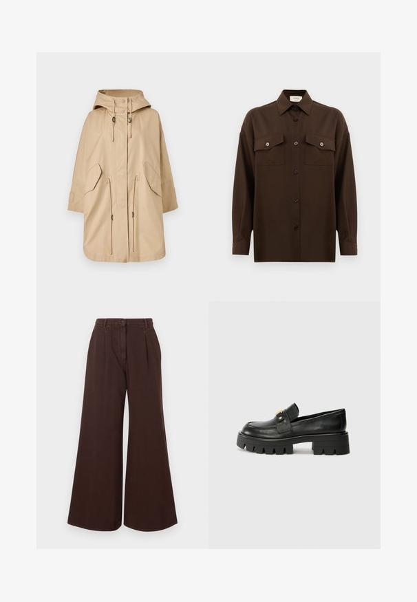 Beige vattentät jacka med huva, dragsko i midjan, sidofickor och lös passform. Slät textur och minimalistisk design.; Mörkbrun långärmad skjorta med knappar, två fällbara bröstfickor och klassisk krage, visad mot en enkel vit bakgrund.; Högmidjade vida bruna byxor med knapp- och dragkedjestängning, bältesöglor och framveck.; Svarta läderloafers med en kraftig sula, som har en guldtonad detalj på framsidan och en slät yta. Kraftig mönstring på sulan.