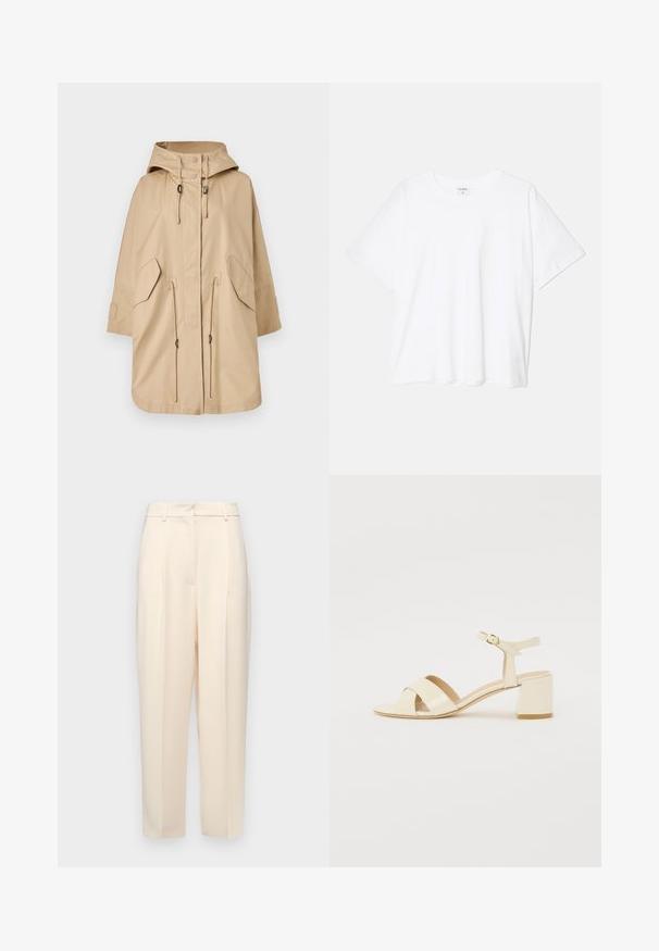 Beige waterproof jacket with a hood, drawstring waist, side pockets, and a loose fit. Smooth textured fabric and minimalistic design.; White cotton t-shirt with short sleeves, round neckline, relaxed fit, and stitched hem. Label visible on the inside neck.; Beige tailored trousers with a straight fit, featuring pleats at the front, a smooth texture, and a mid-rise waist. No visible pockets.; Beige patent leather heeled sandals with cross strap design, open toe, adjustable ankle strap, and a block heel. Smooth texture.