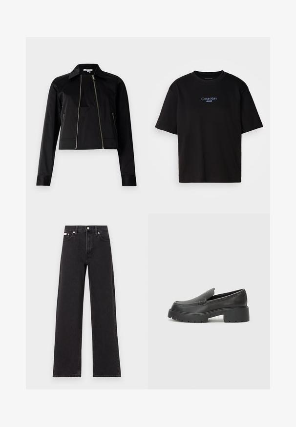 Černá zkrácená bunda vyrobená z hladkého, lehkého materiálu. Obsahuje límec, přední zip a dvě boční kapsy na zip. Čistý, minimalistický design.; Černé bavlněné tričko s kulatým výstřihem a krátkými rukávy, s modrou vyšitou nášivkou "Calvin Klein JEANS" na přední straně.; Černé široké jeansy vyrobené z denimu, s vysokým pasem, pěti kapsami a kovovým zapínáním s kontrastním prošíváním.; Černé kožené mokasíny s okrouhlou špičkou, silnou strukturovanou podrážkou a minimálními detaily šití. Elegantní design bez viditelných tkaniček nebo kovových prvků.