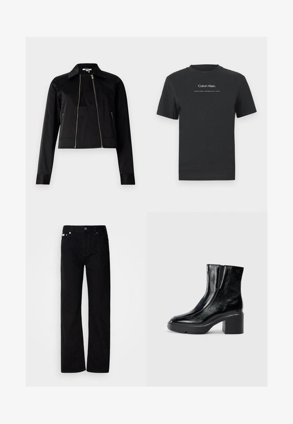 Melnā pusgarā jaka izgatavota no gludas, vieglas auduma. Sastāv no apkakles, priekšējā rāvējslēdzēja un divām sānu kabatām ar rāvējslēdzēju. Tīrs, minimālistisks dizains.; Melna kokvilnas T-kreklā ar apaļu apkakli, īsām piedurknēm un baltu uzdrukātu "Calvin Klein" logotipu un tekstu "Izveidots 1968".; Melnas denima taisnas kājas bikses ar pieciem kabatām, sudraba kniedēm un pogu aizdari. Audumam ir gluda, nedaudz teksturēta virsma.; Melnas lakotas ādas potītes zābaki ar izliekto purngalu, elastīgām sānu paneļiem un masīvu blokveida papēdi. Aizmugurē ir izsistā logo.