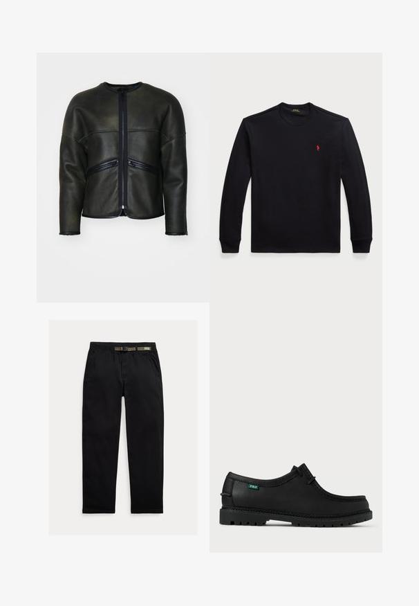 Jachetă din piele neagră cu guler rotund, închidere cu fermoar și două buzunare orizontale cu fermoar. Prezintă o textură netedă și o croială ajustată.; Cămașă din bumbac negru cu mânecă lungă și decolteu rotund, având un mic logo roșu pe piept. Textură netedă și design ajustat.; Pantaloni negri dintr-un material ușor, cu un talie elastică și o curea verde integrată, croi drept și buzunare laterale.; Pantof black din piele cu profil redus, vârf rotund și talpă texturată. Prezintă eticheta verde "POLO" și cusături contrastante de-a lungul marginilor.