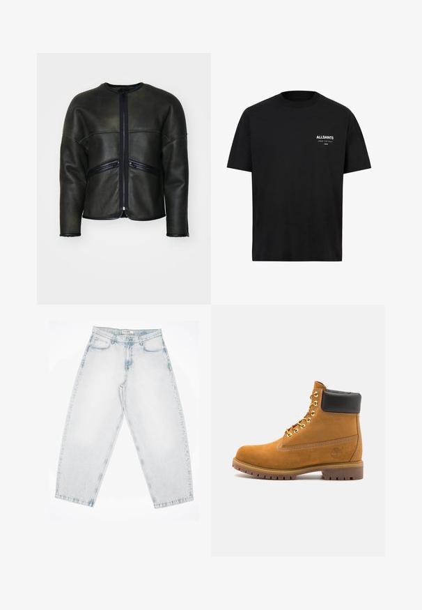 Giubbotto in pelle nera con colletto rotondo, chiusura a zip e due tasche orizzontali con zip. Presenta una texture liscia e una vestibilità su misura.; T-shirt in cotone nero con maniche corte e scollo rotondo. Presenta una scritta bianca "ALLSAINTS" e "LONDRA" sulla parte sinistra del petto.; Jeans in denim azzurro chiaro con una vestibilità ampia e gionfiante. Presentano cinque tasche, chiusura con bottone e dettagli cuciti. Texture sbiadita e gambe dritte.; Stivale alla caviglia in suede tan con collare imbottito nero, occhielli in metallo dorato, dettagli in cucitura bianca e suola in gomma robusta con battistrada pronunciato.