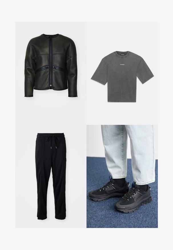Jaqueta de pele preta com decote redondo, fecho de zip e dois bolsos horizontais com zip. Apresenta uma textura suave e um corte ajustado.; T-shirt oversized de meia manga em cinza carvão, com um pequeno logotipo branco "HAN KJØBENHAVN" centrado no peito.; Calças casuais pretas com cordão na cintura, com bolsos laterais e corte reto, sobre um fundo simples.; Sapatilhas desportivas pretas com tecido texturizado e solas em borracha, apresentando atacadores elásticos e um detalhe azul no calcanhar. Usadas com calças de ganga claras.