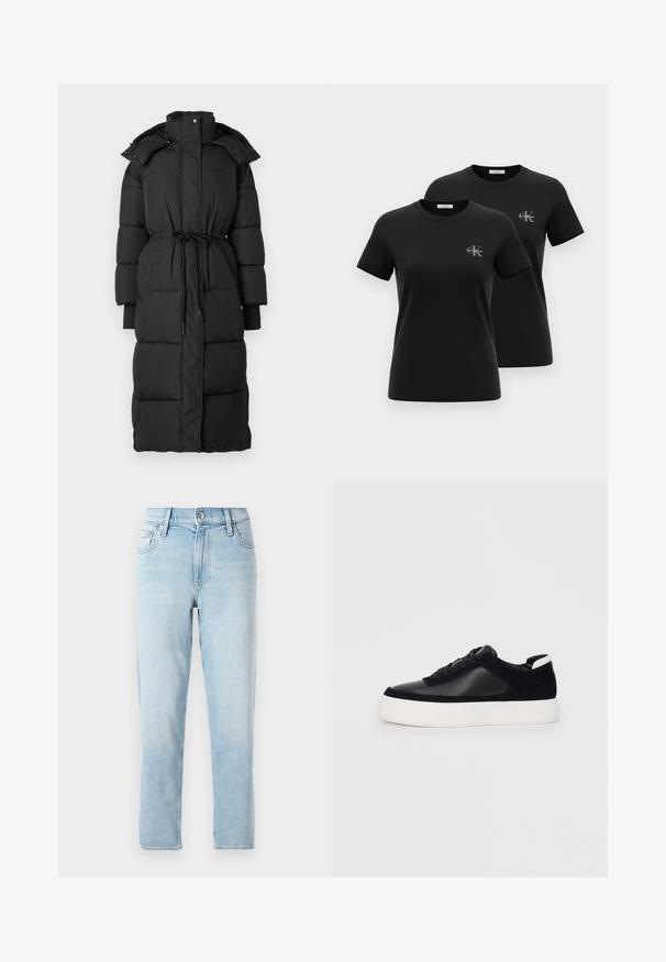 Sort lang dunjakke med høj krave, bundet talje og ribbede manchetter. Kviltet design med justerbar snor i taljen.; To sorte kortærmede t-shirts med rund hals og små grå "CK Calvin Klein"-logoer på venstre bryst, vist på en hvid baggrund.; Lyseblå denimjeans, lige pasform, medium høj talje, med fem-lomme design og knaplukning foran.; Sort sneakers med glat læder og ruskindspaneler, flade snørebånd, rund tå og en hvid gummisål. Distinkt logo på hælen.