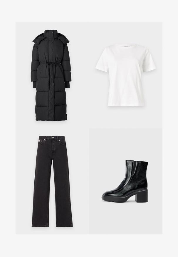 Palton pufos lung, de culoare neagră, cu guler înalt, talie strânsă și manșete ribă. Design cu matlasare și cordon reglabil la talie.; Tricou alb din bumbac cu mâneci scurte, guler rotund și o croială relaxată. Textură netedă, fără imprimeuri sau accente, design minimalist.; Jeanși negri cu picioare largi, fabricați din denim, cu talie înaltă, stil cu cinci buzunare și închidere cu nasture metalic, cu cusături contrastante.; Bocanci de gleznă din piele lacuită neagră, cu vârf curbat, panouri elastice pe laterale și toc bloc masiv. Prezintă un logo embosat pe spate.