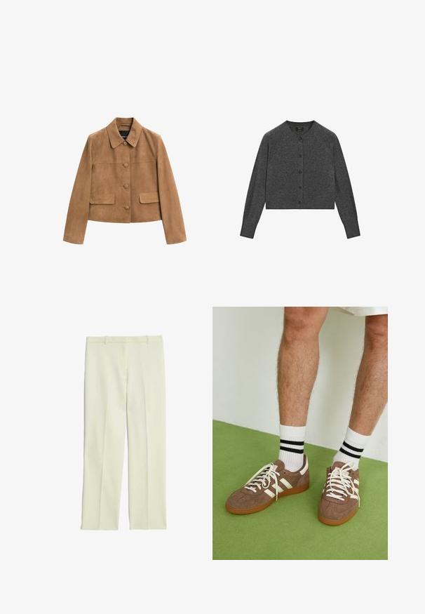 Giacca cropped in suede marrone con maniche lunghe, colletto, tre bottoni frontali coperti di tessuto e due tasche a patta.; Cardigan grigio corto realizzato in tessuto morbido, con scollatura tonda, maniche lunghe e bottoni marroni davanti.; Canotta bianca senza maniche con scollatura rotonda, realizzata in materiale a coste; design semplice senza motivi o decorazioni.; Pantaloni su misura color crema con un design a gamba dritta, dotati di una parte frontale piatta, passanti per cintura e una superficie liscia.; Sneaker in suede marrone con dettagli e lacci bianchi. Suola in gomma color gomma. Indossati con calzini bianchi con righe nere. Pavimento verde texturizzato.