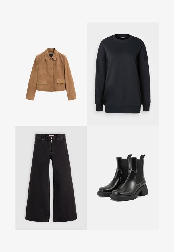 Brown suede cropped jacket with long sleeves, collar, three front fabric-covered buttons, and two flap pockets.; Black sweatshirt made from cotton, featuring a round neckline, long sleeves, and a relaxed fit. Smooth texture with ribbed cuffs and hem.; Wide-leg jeans in black denim with a zippered front, five-pocket design, and subtle stitching details. Smooth texture and casual style.; Black leather Chelsea boots with a chunky heel, elastic side panels, and contrasting white stitching. Textured finish.