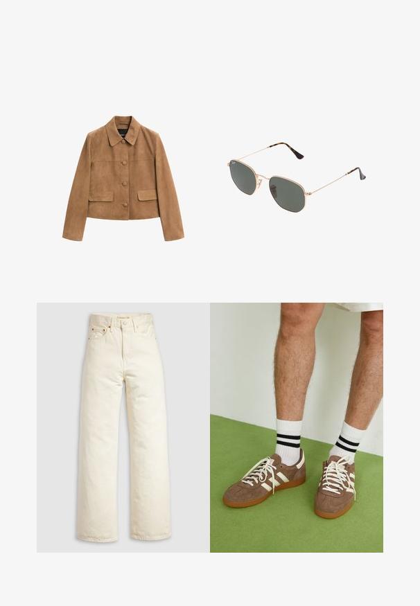 Brązowa skórzana kurtka o kroju cropped z długimi rękawami, kołnierzem, trzema guzikami pokrytymi tkaniną z przodu oraz dwiema kieszeniami z klapkami.; Biała bluzka z długim rękawem i głębokim dekoltem w kształcie litery V, z prążkowaną fakturą na ramionach i dopasowanym krojem. Metka widoczna przy dekolcie.; Jeansy o szerokich nogawkach z dżinsu w kolorze ecru, z wysokim stanem, miedzianymi nitami i klasycznym krojem z pięcioma kieszeniami. Teksturowana tkanina z estetycznymi wykończeniami na brzegach.; Brązowe zamszowe sneakersy z białymi akcentami i sznurówkami. Gumowa, brązowa podeszwa. Noszone z białymi skarpetkami w czarne paski. Zielona teksturowana podłoga.; Złote okulary przeciwsłoneczne w stylu aviatora z ciemnozielonymi soczewkami, z wąskimi ramionami i akcentami w panterkę na końcach.