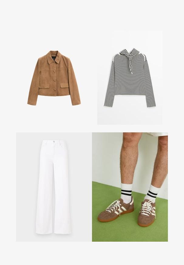 Braune Wildleder-Cropped-Jacke mit langen Ärmeln, Kragen, drei stoffbedeckten Frontknöpfen und zwei Klapptaschen.; Massimo Dutti STRIPED WITH REMOVABLE BANDANA - Strickpullover - beige; Weißes, weit geschnittenes Jeansmodell aus Denim, mit hoher Taille, vorderem Knopfverschluss und vier Taschen. Glatte Textur ohne sichtbare Muster.; Braune Wildleder-Sneaker mit weißen Akzenten und Schnürsenkeln. Gummisohle in Kautschuk-Optik. Getragen mit weißen Socken, die schwarze Streifen haben. Grüner strukturierter Fußboden.