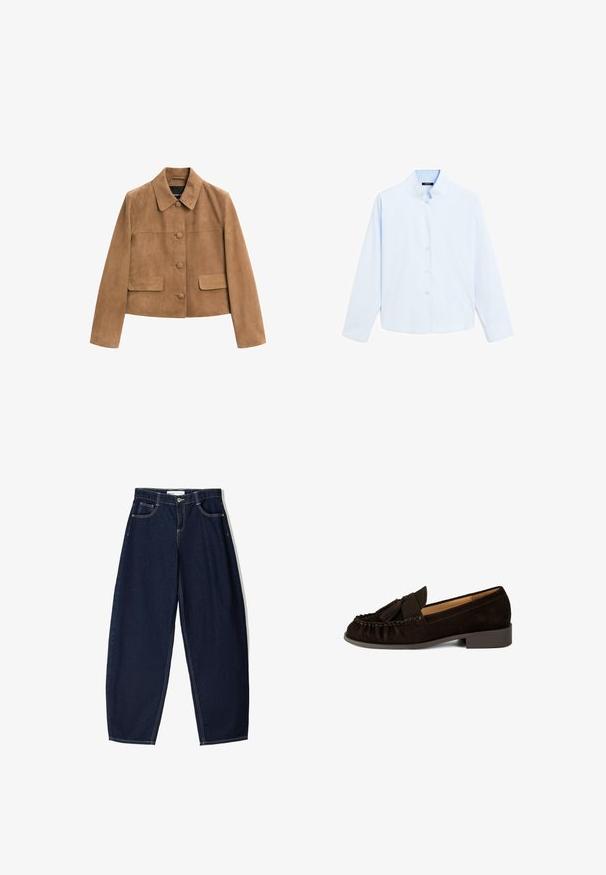 Brun ruskindsjakke med cropped længde, lange ærmer, krave, tre frontknapper dækket med stof og to klaplommer.; Lyseblå skjorte med lange ærmer og mandarin-krave, knaplukning foran og glat bomuldsstruktur. Simpelt design, uden mønstre eller detaljer.; Mørkeblå denimbukser med løs pasform, der har fem lommer, kontrasterende syninger og lynlåslukning foran.; Brune ruskinds mokkasiner med rund tå, plisseret detaljer og en lille kvast-accent. Har en lav, let hævet hæl.