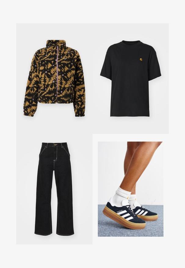 Jachetă din fleece cu un model abstract florar în culorile negru, maro și lavandă, cu fermoar pe toată lungimea și guler înalt.; Tricou din bumbac negru, cu o croială lejeră. Are guler rotund și mâneci scurte. Include un mic logo brodat auriu pe piept.; Jeans negri, cu pantaloni evazați, din denim, caracterizându-se prin cusături albe contrastante și închidere cu un nasture în față, având două buzunare frontale înclinate.; Adidași negri din piele întoarsă cu dungi și accente albe, vârf rotund, talpă de cauciuc gumă, asortați cu șosete albe cu model nervurat.
