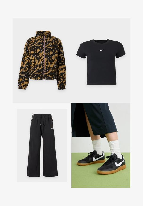 Fleecová bunda s čiernym, hnedým a levanduľovým abstraktným kvetinovým vzorom, s plným predným zipsom a vysokým golierom.; Čierne tričko s krátkym rukávom vyrobené z bavlny s okrúhlym výstrihom. Obsahuje biele logo Nike na hrudi, minimalistický dizajn a priliehavý strih.; Čierne tepláky z mäkkej tkaniny, s elastickým pásom a šnúrkou, bočnými pruhmi a malým logom na prednej ľavej strane.; Čierne kožené a syntetické tenisky so bielym logom Nike, gumenou podrážkou, okrúhlou špičkou a čiernymi šnúrkami. Viditeľné biele pruhované ponožky.