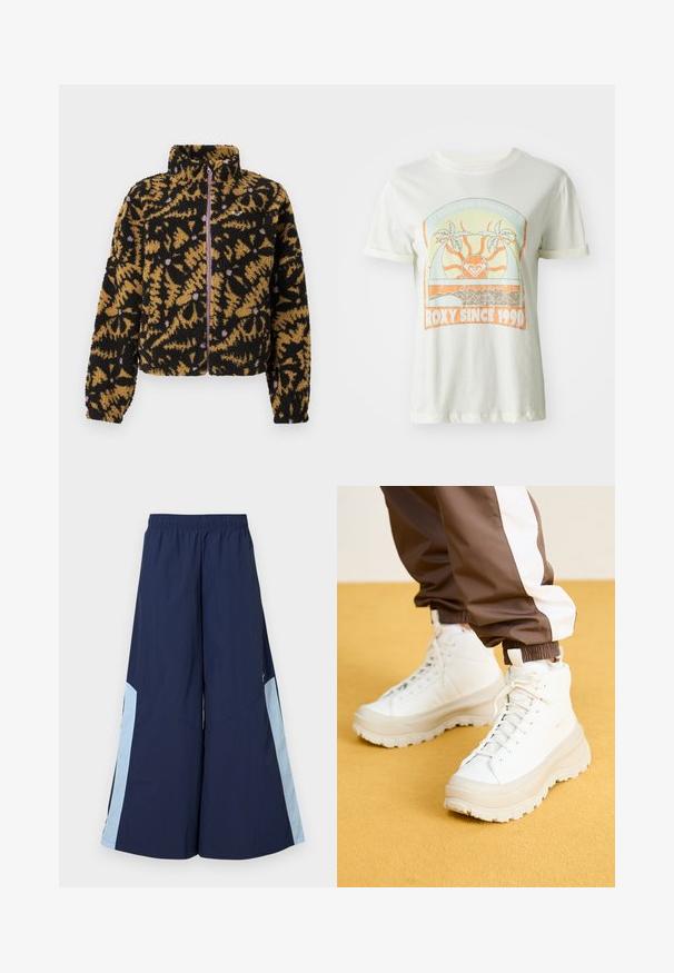 Fleece-takki musta, ruskea ja laventeli abstraktilla kukkakuviolla, täysi etuvetoketju ja korkea kaulus.; Kermakuvioinen puuvillapaita, jossa on retrodesign palmuista, auringosta ja "ROXY SINCE 1990" -tekstistä oransseilla ja teal-vihreillä yksityiskohdilla. Lyhyet hihat.; Laivaston leveälahkeiset housut, joissa on joustava vyötärö, ja vaaleansiniset sivupaneelit, sekä sileä pinta. Suunniteltu mukavuuden ja liikkumisen helppouden vuoksi.; Valkoiset korkeavartiset tennarit, joissa on massiivinen, teksturoitu pohja. Sneakereissa on sileä päällinen, pyöreä kärki ja sävyyn sopivat nauhat, ja ne on asetettu keltaista taustaa vasten.