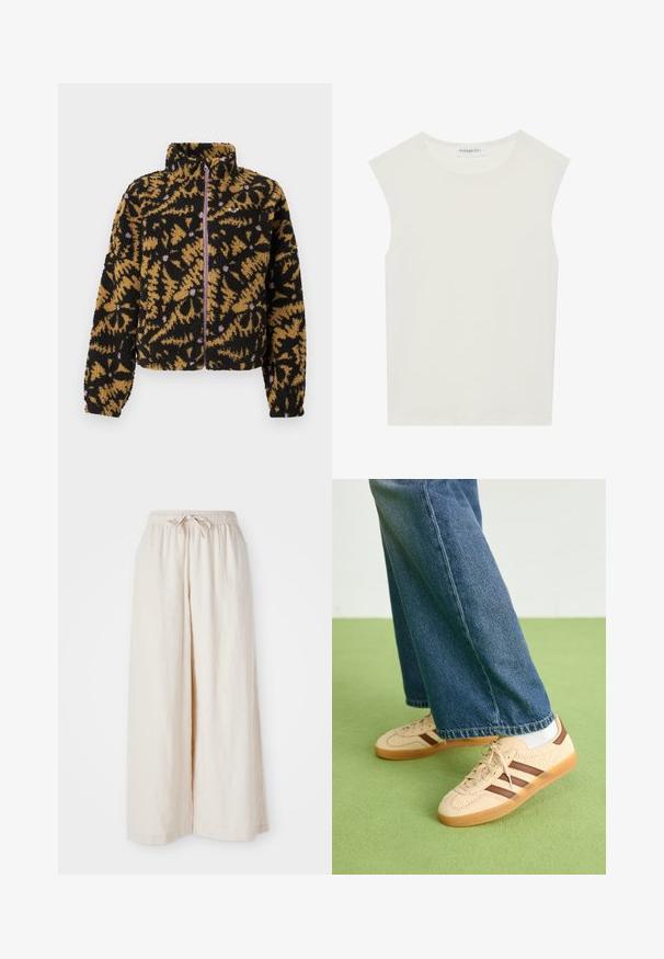 Jachetă din fleece cu un model abstract florar în culorile negru, maro și lavandă, cu fermoar pe toată lungimea și guler înalt.; Top alb fără mâneci, cu decolteu rotund. Fabricat dintr-un material neted, prezintă o croială lejeră și un design minimalist. Fără modele sau accente.; Pantaloni cu picioare largi, de culoare crem, cu un elastic în talie și șnur de ajustare. Material lin de in, ușor și neted, fără modele sau accesorii vizibile.; Tenisi bej cu panouri texturate de culoare crem și dungi maro, asortați cu blugi din denim albastru. Blugii au un croi larg și o margine desfăcută.