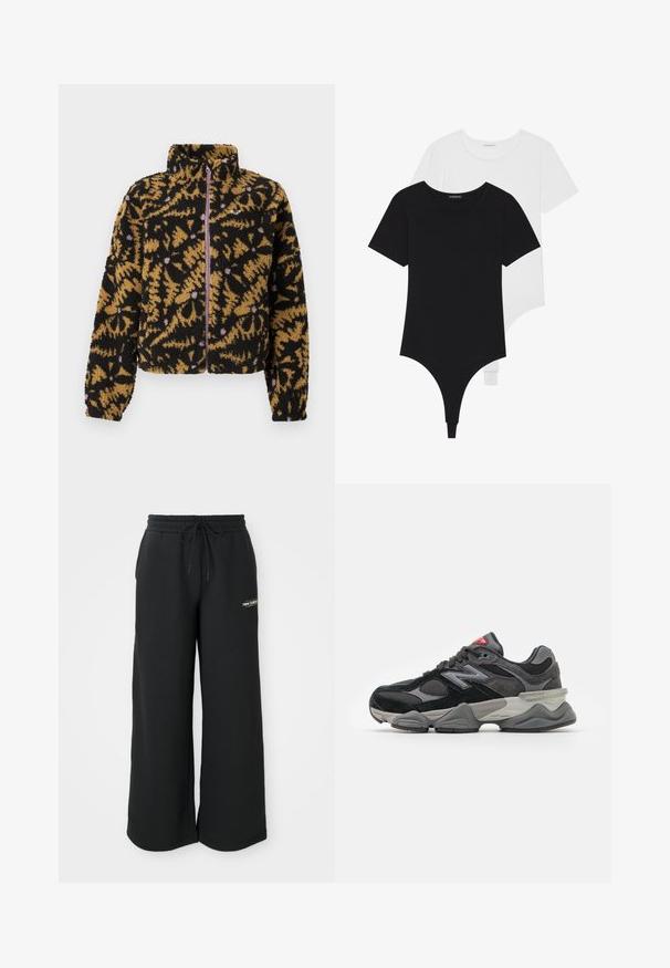 Fleecejakke med et abstrakt blomsterdesign i sort, brunt og lavendel, fuld frontlynlås og høj krave.; Sort-hvide kortærmede bodystockings med rund halsudskæring og trusse-bund, lavet af glat, strækbart stof.; Svarte sweatpants med vid benvidde, lavet af blødt stof, med elastisk talje og snøre samt et lille logo på venstre side.; Sort og grå sneakers med en kombination af ruskind og mesh-materialer, tyk sål, fremtrædende logo og rød accent på tungen.