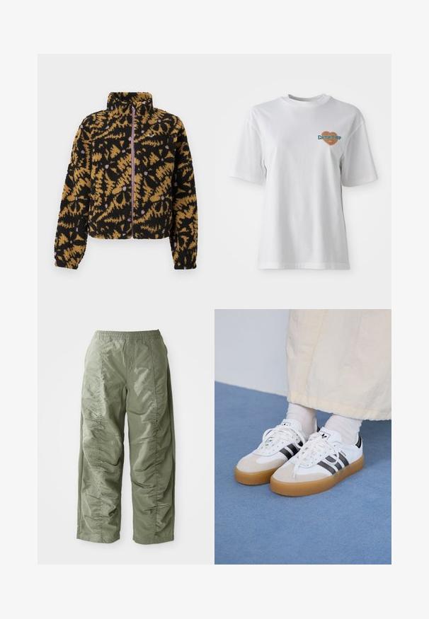 Fleece jacket with black, brown, and lavender abstract floral pattern, full front zipper, and high collar.; Carhartt WIP GROWTH - Print T-shirt - white stone washed; Olive green, lightweight pants with elastic waistband, featuring gathered texture along the sides and wide-leg cut.; White sneakers with black stripes and beige suede accents. Feature a textured gum sole and flat white laces, worn with light-colored socks.