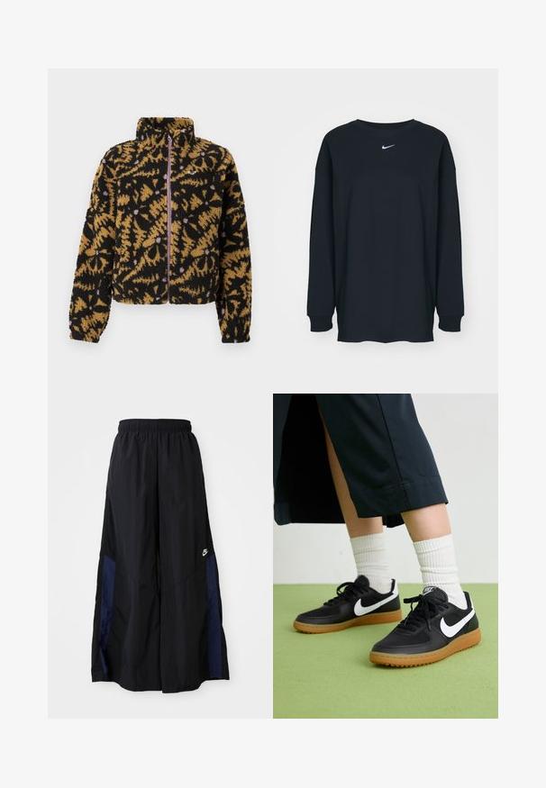 Fleecejakke med et abstrakt blomsterdesign i sort, brunt og lavendel, fuld frontlynlås og høj krave.; Sort langærmet T-shirt lavet af bomuld med rund hals. Har et hvidt Nike-logo på brystet. Blød tekstur, enkelt design.; Sorte vide benbukser lavet af letvægtsstof, med et marineblåt sidepanel og en elastisk talje. Lille hvidt logo nederst.; Sorte læder- og syntetiske sneakers med hvid Nike swoosh, gummisål, rund tå og sorte snørebånd. Ribbede hvide sokker synlige.