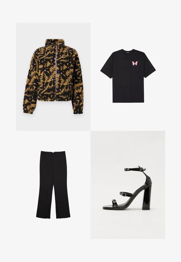 Giacca in pile con motivo floreale astratto in nero, marrone e lavanda, zip frontale completa e colletto alto.; T-shirt nera in cotone con maniche corte, caratterizzata da una piccola grafica di una farfalla rosa sul lato sinistro del petto. Design a girocollo con una vestibilità rilassata.; Pantaloni neri a gamba dritta, con tasche frontali e spacchi laterali all'orlo. Realizzati in tessuto morbido e liscio. Adatti a diverse occasioni.; Sandali con tacco in vernice nera, con punta squadrata, cinturini alla caviglia e fibbie in argento. Presentano un tacco a blocco spesso per maggiore stabilità.