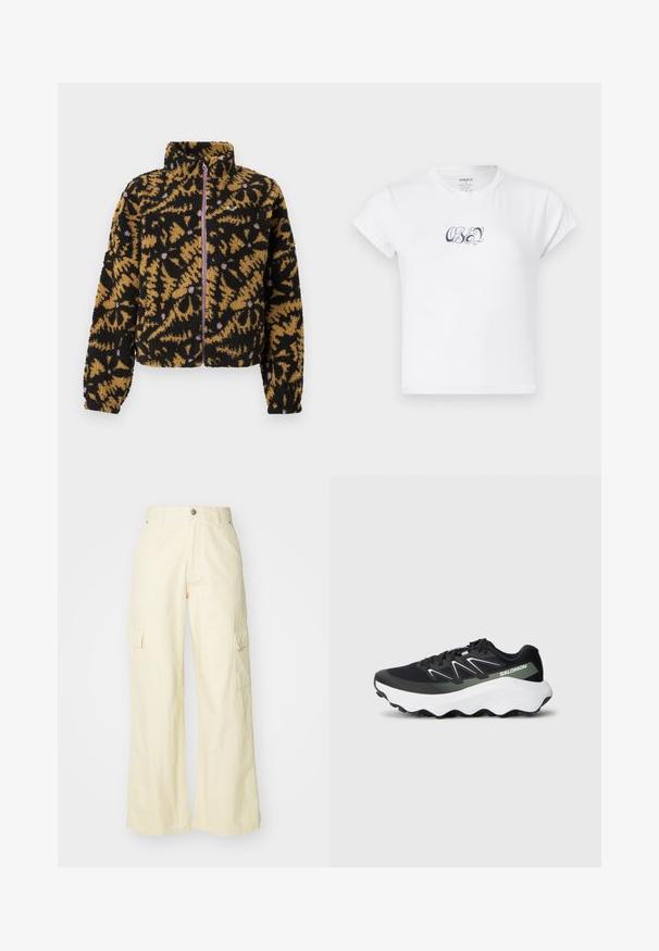 Fleecejacke mit abstraktem floralen Muster in Schwarz, Braun und Lavendel, vollständiger Frontreißverschluss und hohem Kragen.; Weißes Baumwoll-T-Shirt mit kurzen Ärmeln und rundem Ausschnitt, mit dunkelblauem "OBEY"-Graphic-Text auf der Vorderseite. Glatte Textur.; Helle gelbe Cargo-Hosen mit weitem Bein aus Baumwolle. Mit zwei seitlichen Taschen und einem Knopfverschluss. Glatte Textur mit lässiger Passform.; Schwarzer Trainingsschuh mit einem Obermaterial aus Mesh, weißen und hellgrünen Akzenten, einer gepolsterten weißen Sohle und einer strukturierten Grip-Außensohle.
