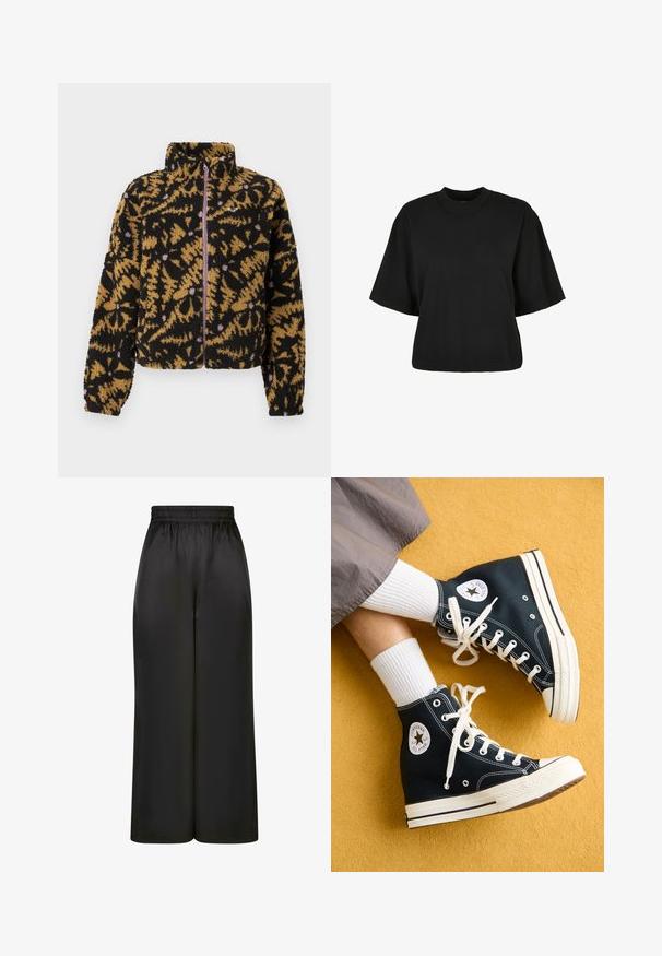 Fleece jaka ar melnu, brūnu un lavandas krāsas abstraktu ziedu rakstu, pilnīgu priekšējo rāvējslēdzēju un augstu apkakli.; Melnas īsā piegriezuma T-kreklis no kokvilnas. Tam ir īsas piedurknes un apaļa izgriezne. Gluda tekstūra ar vienkāršu dizainu, bez papildu rakstiem.; Melni plaši bikses, izgatavotas no gludas, spīdīgas auduma, ar elastīgu jostu un bez redzamām kabatām vai aparatūras detaļām.; Melnas augstpēdu kanvas sporta kedas ar baltām auklām un gumijas zolemi, ar apaļu Converse All Star logo ārējā pusē.