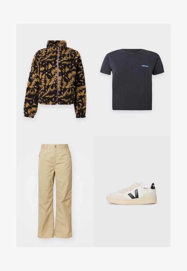 Kurtka polarowa w czarno-brązowo-lawendowy abstrakcyjny wzór kwiatowy, z pełnym zapięciem na zamek z przodu i wysokim kołnierzem.; Czarny bawełniany t-shirt z krótkim rękawem, okrągłym dekoltem, z niebieskim logo "obey" na lewej piersi. Gładka tekstura, standardowy krój.; Beżowe bawełniane spodnie typu wide-leg o gładkiej fakturze, z przednimi kieszeniami i srebrnym guzikiem w pasie.; Kremowe sneakersy z beżową podeszwą, czarnym logo "V" z boku, sznurówki oraz czarną pętlą na pięcie z białymi literami.